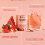 A container of Nutra Naturals Collagen Beauty Watermelon Strawberry 225g sits beside a glass of pink drink, a strawberry, and a gold spoon on a pink background, with labels highlighting its benefits and hydrolysed bovine collagen.