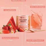 A container of Nutra Naturals Collagen Beauty Watermelon Strawberry 225g sits beside a glass of pink drink, a strawberry, and a gold spoon on a pink background, with labels highlighting its benefits and hydrolysed bovine collagen.