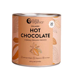 A 200g tin of Nutra Naturals Collagen Hot Chocolate with a peach label featuring cocoa pods, promoting relaxation, natural taste, low sugar, calming effects, and 20 servings.