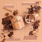 A canister of Nutra Naturals Collagen Hot Chocolate 200g sits on a beige background with a mug of hot chocolate, dark chocolate chunks, cocoa powder, and beans. Text highlights its low sugar content, collagen, magnesium, cocoa, and relaxation benefits.