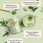 A canister of Nutra Naturals Collagen Matcha Latte 100g, a spoonful of green powder, and a matcha latte sit on a green background with daisies. Text highlights energy, antioxidants, hydrolysed collagen peptides, and low sugar.