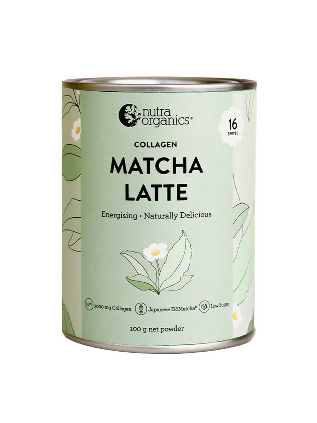 A 100g canister of Nutra Naturals Collagen Matcha Latte with a green floral design features hydrolysed collagen peptides, organic Japanese matcha, 3000mg collagen per serve, low sugar, naturally delicious and energising. Contains 16 serves.
