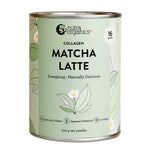 A 100g canister of Nutra Naturals Collagen Matcha Latte with a green floral design features hydrolysed collagen peptides, organic Japanese matcha, 3000mg collagen per serve, low sugar, naturally delicious and energising. Contains 16 serves.