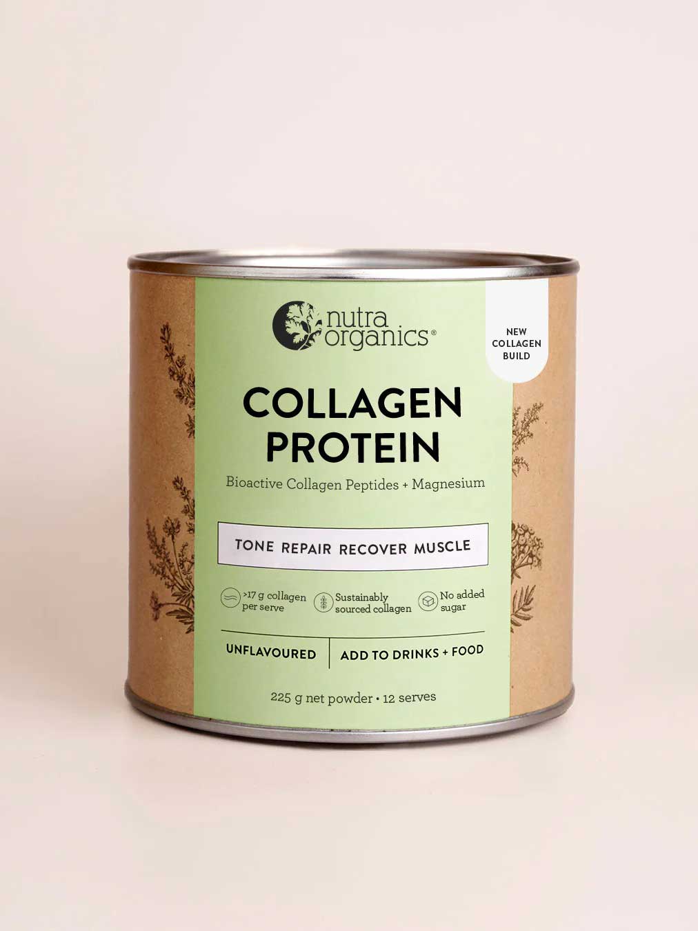 A 225g cylindrical canister of Nutra Naturals Collagen Protein Unflavoured with a light green label highlights tone repair, muscle recovery, and support with hydrolysed collagen peptides.