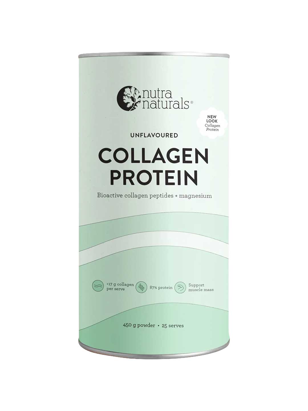 A cylindrical container of Nutra Naturals Collagen Protein Unflavoured with a light green and white label, offering 17g collagen protein per serve, 87% protein, and benefits like muscle recovery support.