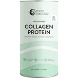 A cylindrical container of Nutra Naturals Collagen Protein Unflavoured with a light green and white label, offering 17g collagen protein per serve, 87% protein, and benefits like muscle recovery support.