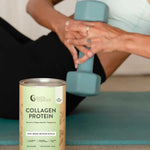 A person exercises with a blue dumbbell on a yoga mat as a can of Nutra Naturals Collagen Protein Unflavoured, featuring hydrolysed collagen peptides for tone and muscle recovery, sits in the foreground.