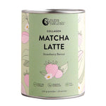 Nutra Naturals Collagen Strawberry Matcha Latte 100g features hydrolysed collagen peptides. The green label displays strawberries, leaves, serving size, and product details, emphasizing the use of organic Japanese matcha.