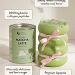 A can of Nutra Naturals Collagen Strawberry Matcha Latte 100g sits beside a wavy glass of green matcha latte with a pink ribbon and straw. Text highlights hydrolysed collagen peptides, low sugar, antioxidants, and steady energy.
