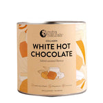 A canister of Nutra Naturals Collagen White Hot Choc Salted Caramel 200g, featuring a beige and orange label with caramel pieces, chocolate illustrations, and product details at the bottom.