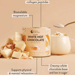 Nutra Naturals Collagen White Hot Choc Salted Caramel 200g is shown with white chocolate, a hot chocolate mug, and a spoon of powder. Text highlights hydrolysed collagen peptides, bioavailable magnesium, relaxation support, and low sugar.