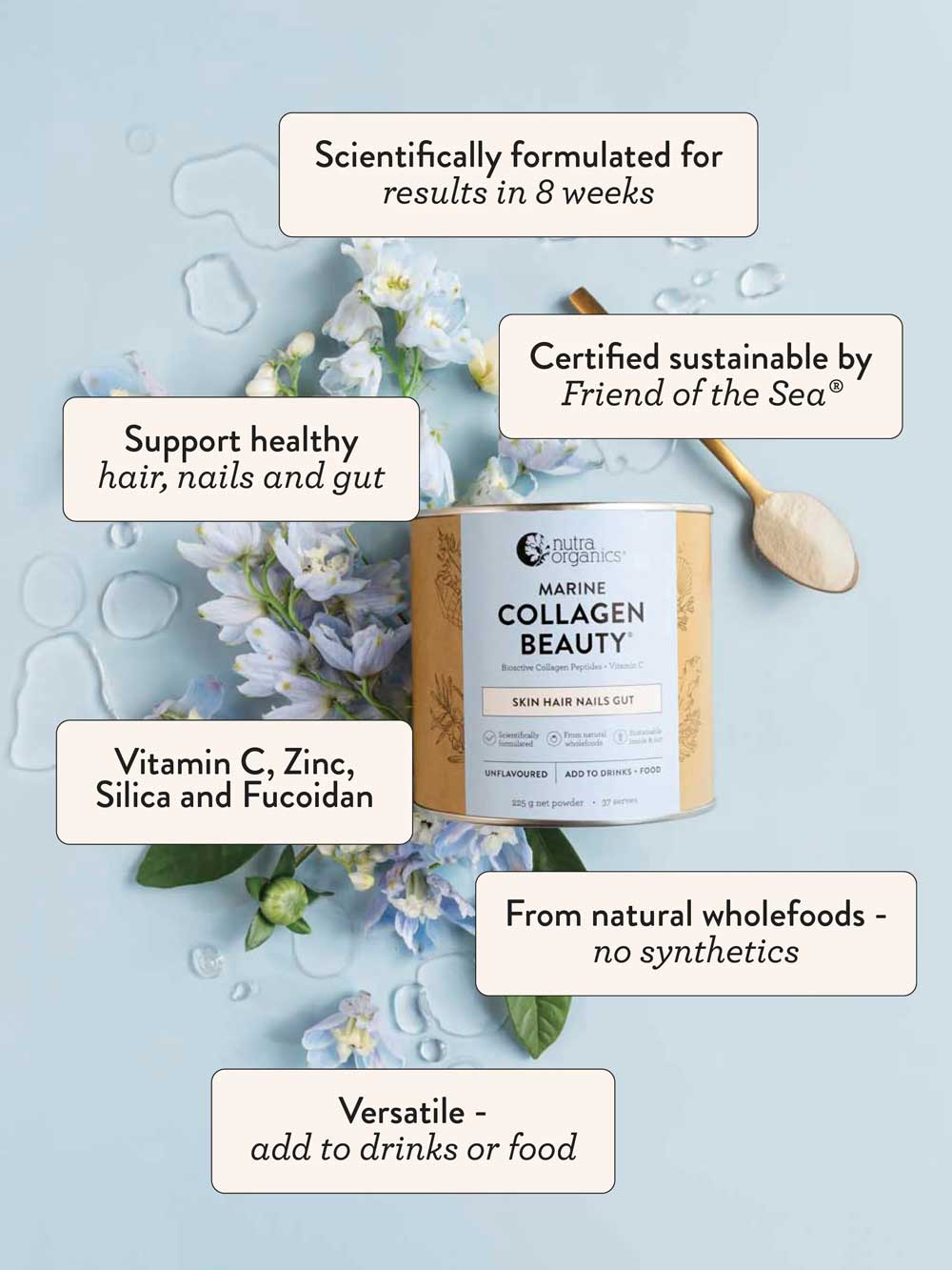 A container of Nutra Naturals Marine Collagen Beauty Unflavoured 225g, with a wooden spoon and flowers. Highlights: bioactive collagen peptides, certified sustainable, supports skin hydration, made from wholefoods, versatile use.
