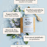 A container of Nutra Naturals Marine Collagen Beauty Unflavoured 225g, with a wooden spoon and flowers. Highlights: bioactive collagen peptides, certified sustainable, supports skin hydration, made from wholefoods, versatile use.