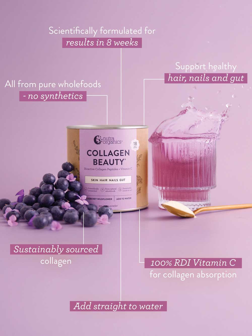 Nutra Naturals Collagen Beauty Blueberry Wildflower 225g with Verisol collagen peptides, shown with a purple drink, gold spoon, blueberries, and text on skin, hair, nails, gut support, no synthetics, sustainable ingredients.