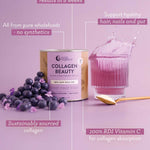 Nutra Naturals Collagen Beauty Blueberry Wildflower 225g with Verisol collagen peptides, shown with a purple drink, gold spoon, blueberries, and text on skin, hair, nails, gut support, no synthetics, sustainable ingredients.