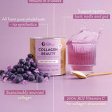 Nutra Naturals Collagen Beauty Blueberry Wildflower 225g with Verisol collagen peptides, shown with a purple drink, gold spoon, blueberries, and text on skin, hair, nails, gut support, no synthetics, sustainable ingredients.