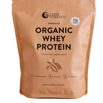 A brown resealable bag labeled Nutra Naturals Organic Whey Protein Chocolate 750g features icons for certified organic, 76% protein, and no synthetics. This grass-fed whey chocolate protein powder offers 25 servings per pack.