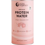 A pink cylindrical container of Nutra Naturals Protein Water Berry Bliss 450g, with raspberries, highlights natural electrolytes and whey protein isolate. Includes nutrition icons and contains 450g powder for 15 servings.