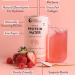 A canister of Nutra Naturals Protein Water Berry Bliss 450g next to a glass of pink drink, strawberries, and a spoon, with callouts for whey protein isolate, electrolytes, collagen, BCAAs, low sugar, family friendly & muscle support.