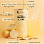 A canister of Nutra Naturals Protein Water Lemonade 450g is shown beside a glass of yellow drink splashing, fresh lemons, and text highlighting 22g protein water, electrolytes, collagen, BCAAs, and low sugar.