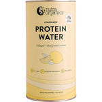 A 450g cylindrical container of Nutra Naturals Protein Water Lemonade features lemon slice graphics and highlights benefits such as whey protein isolate, BCAAs, electrolytes, low sugar, and no synthetic ingredients.