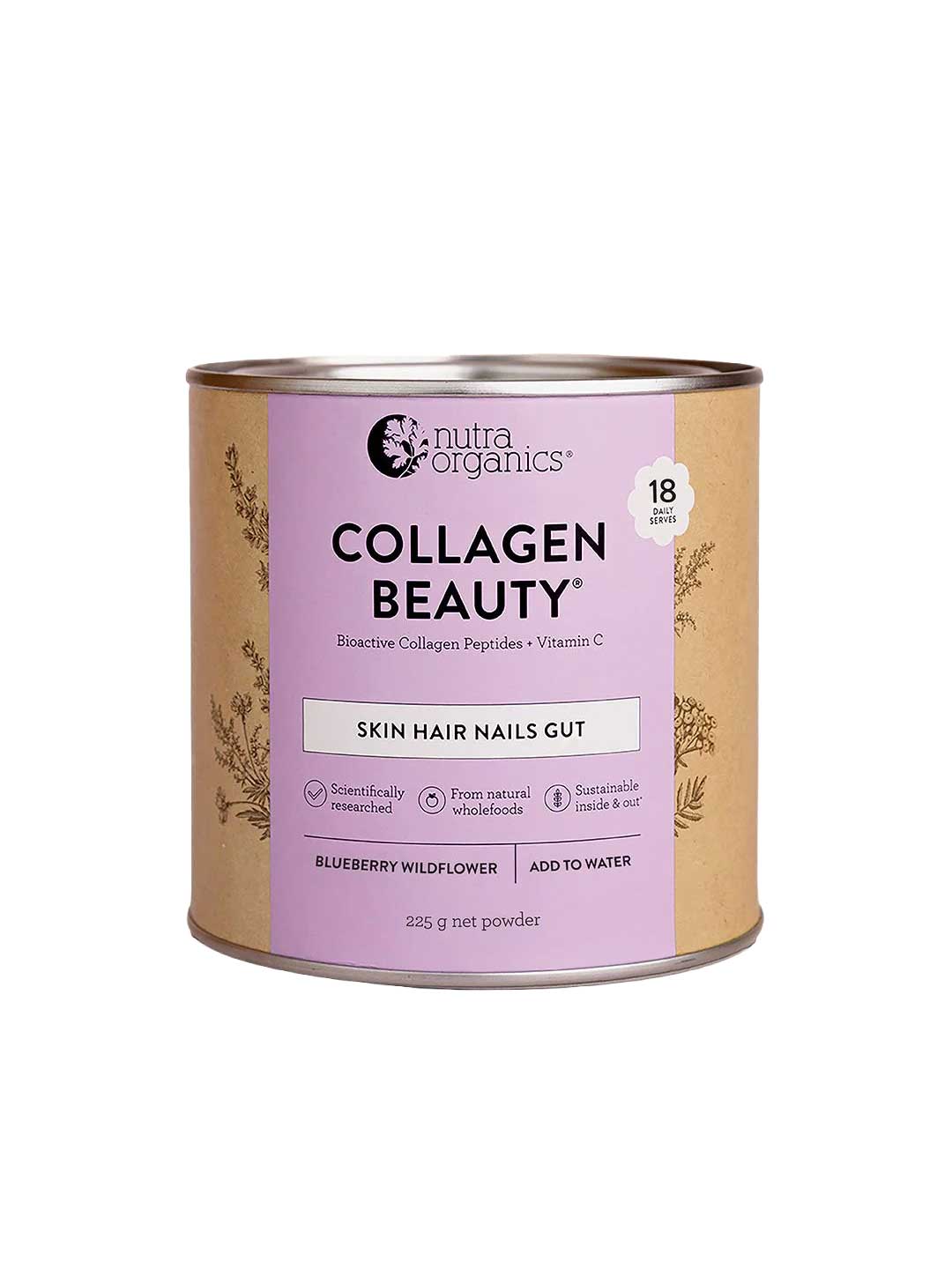 Nutra Organics Collagen Beauty Blueberry Wildflower 225g is a powder with bioactive collagen peptides to support skin, hair, nails, and gut. It comes in a canister with a pink and beige label.