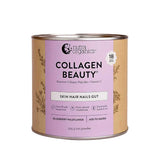 Nutra Organics Collagen Beauty Blueberry Wildflower 225g is a powder with bioactive collagen peptides to support skin, hair, nails, and gut. It comes in a canister with a pink and beige label.