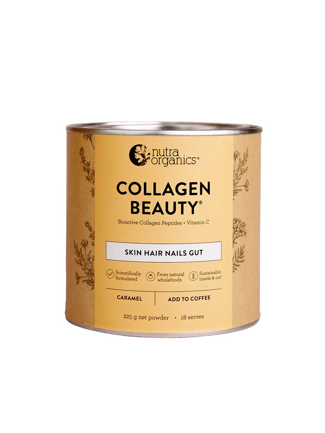 Nutra Organics Collagen Beauty Caramel 225g is a beauty supplement for skin, hair, nails, and gut health. The beige container offers 18 servings, supports skin hydration, and the powder can be added to coffee.