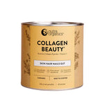 A 225g round canister of Nutra Naturals Collagen Beauty Caramel highlights benefits for skin, hair, and nails, contains bioactive collagen peptides for hydration, and can be added to coffee.