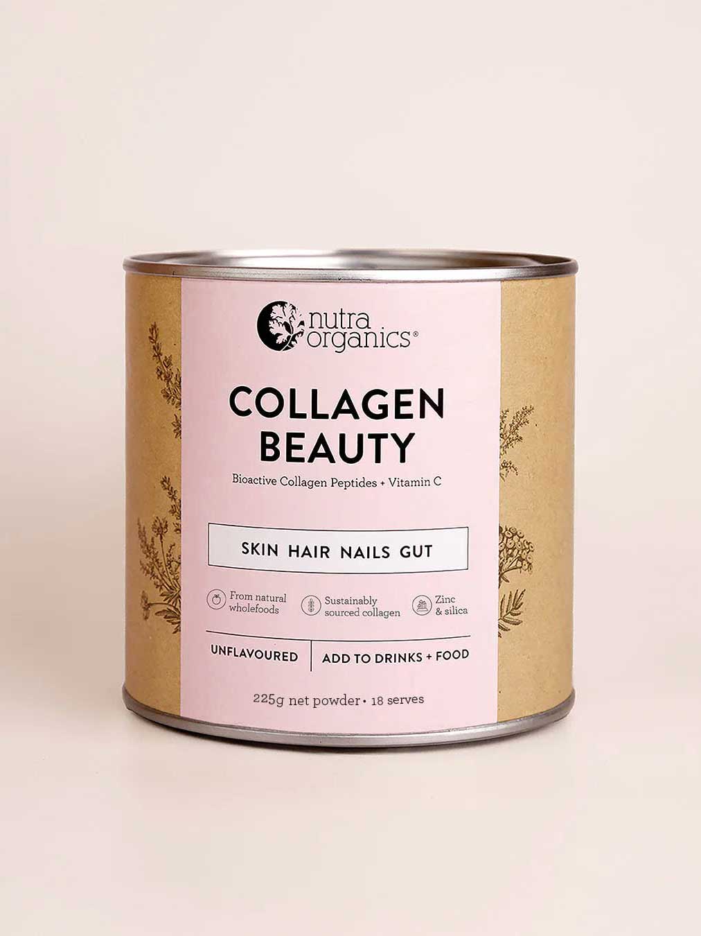 A canister of Nutra Naturals Collagen Beauty Unflavoured features a pink label and supports skin, hair, nails, and gut health. Made with hydrolysed bovine collagen, it’s unflavoured and simple to add to drinks or food.