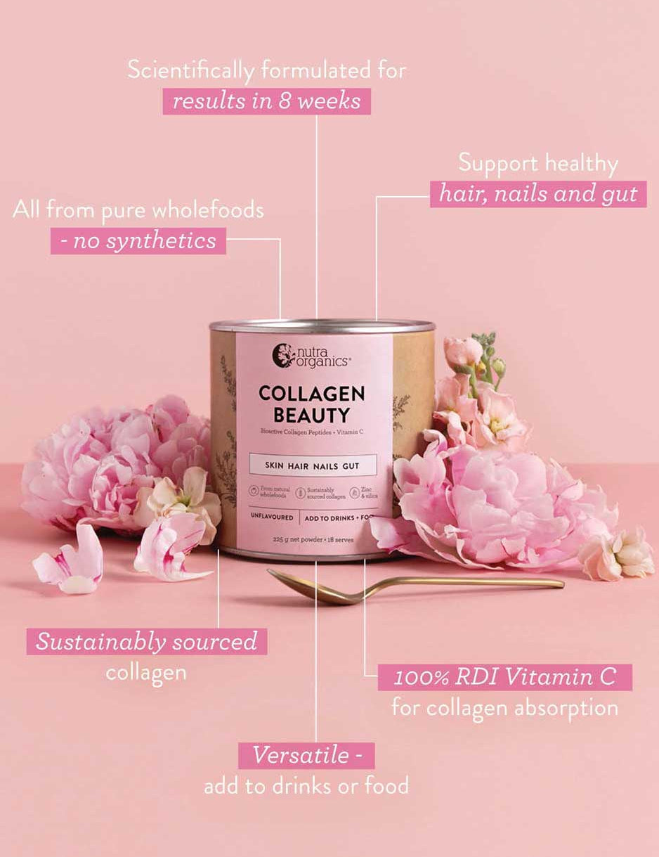 A container of Nutra Naturals Collagen Beauty Unflavoured sits among pink flowers on a pink background, with text highlighting its natural, versatile benefits for hair, nails, skin, and gut thanks to bioactive collagen peptides.