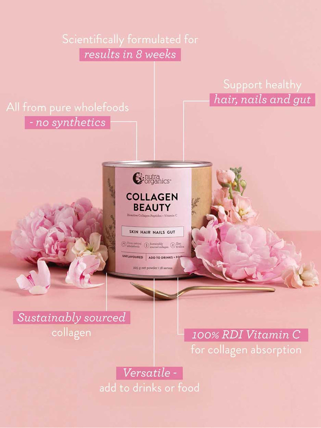 A container of Nutra Naturals Collagen Beauty Unflavoured sits among pink flowers on a pink background, with text highlighting its natural, versatile benefits for hair, nails, skin, and gut thanks to bioactive collagen peptides.