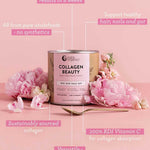 A container of Nutra Naturals Collagen Beauty Unflavoured sits among pink flowers on a pink background, with text highlighting its natural, versatile benefits for hair, nails, skin, and gut thanks to bioactive collagen peptides.