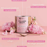 A container of Nutra Naturals Collagen Beauty Unflavoured sits among pink flowers on a pink background, with text highlighting its natural, versatile benefits for hair, nails, skin, and gut thanks to bioactive collagen peptides.