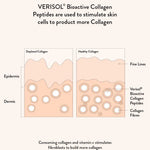 A diagram compares depleted and healthy skin: depleted skin has fewer thick fibers and more lines, while healthy skin has more collagen and peptides. Text explains how Nutra Naturals Collagen Beauty Vanilla 225g stimulates skin cells.