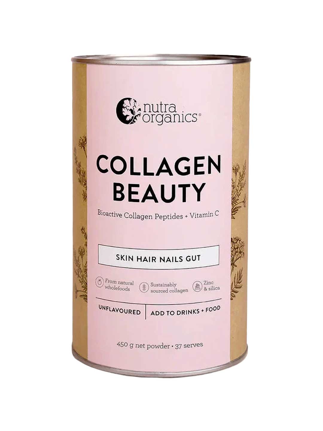 A cylindrical tin of Nutra Organics Collagen Beauty Unflavoured powder with a pink and white label, containing hydrolysed bovine collagen, Bioactive Collagen Peptides, and Vitamin C for skin, hair, nail and gut support.