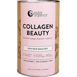 A cylindrical tin of Nutra Organics Collagen Beauty Unflavoured powder with a pink and white label, containing hydrolysed bovine collagen, Bioactive Collagen Peptides, and Vitamin C for skin, hair, nail and gut support.