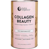 A cylindrical tin of Nutra Organics Collagen Beauty Unflavoured powder with a pink and white label, containing hydrolysed bovine collagen, Bioactive Collagen Peptides, and Vitamin C for skin, hair, nail and gut support.