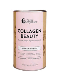 A cylindrical tin of Nutra Organics Collagen Beauty Unflavoured powder with a pink and white label, containing hydrolysed bovine collagen, Bioactive Collagen Peptides, and Vitamin C for skin, hair, nail and gut support.