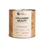 Nutra Naturals Collagen Beauty Vanilla 225g comes in a cylindrical container with beige packaging and floral accents, featuring hydrolysed bovine collagen to support skin, hair, nails, and gut health.