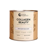 A 225g canister of Nutra Organics Collagen Beauty Vanilla, featuring hydrolysed bovine collagen to support skin, hair, nails, and gut. Contains collagen peptides and vitamin C; sustainably made packaging highlighted.