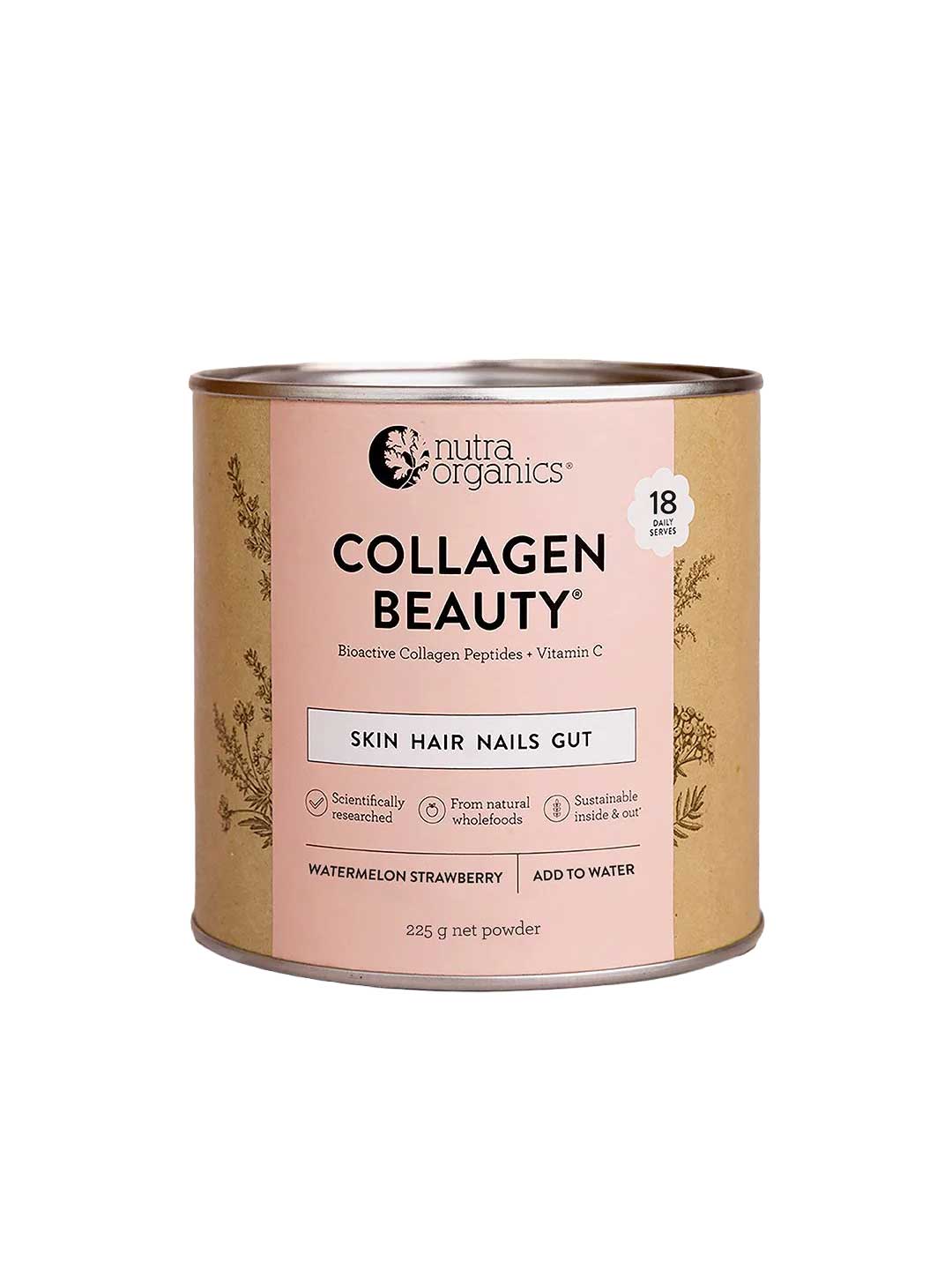 Nutra Organics Collagen Beauty Watermelon Strawberry 225g, in a pink tin, promotes skin, hair, nail, and gut health with premium hydrolysed bovine collagen and a natural watermelon strawberry flavor.
