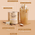A canister of Nutra Naturals Collagen Beauty Vanilla 225g sits beside a creamy iced drink with honey, vanilla flower, and spoon. Labels showcase fast results, pure hydrolysed bovine collagen, vitamin C, and benefits for hair, skin, and gut health.