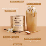 A canister of Nutra Naturals Collagen Beauty Vanilla 225g sits beside a creamy iced drink with honey, vanilla flower, and spoon. Labels showcase fast results, pure hydrolysed bovine collagen, vitamin C, and benefits for hair, skin, and gut health.