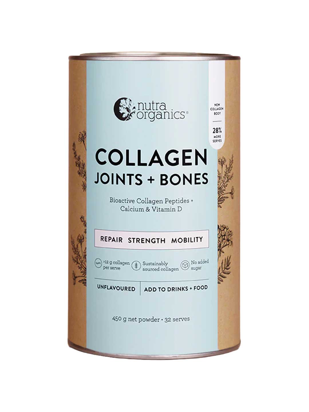 A 450g cylindrical container of Nutra Organics Collagen Joints + Bones powder features a light blue label emphasizing bone health, strength, and joint support. This unflavoured collagen is ideal for mixing into drinks or food.