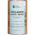 A 450g cylindrical container of Nutra Organics Collagen Joints + Bones powder features a light blue label emphasizing bone health, strength, and joint support. This unflavoured collagen is ideal for mixing into drinks or food.