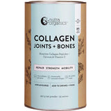 A 450g cylindrical container of Nutra Organics Collagen Joints + Bones powder features a light blue label emphasizing bone health, strength, and joint support. This unflavoured collagen is ideal for mixing into drinks or food.