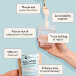 A hand pours Nutra Naturals Collagen Joints + Bones powder into water, with others holding the glass and container. Labels highlight bone health, joint mobility support, calcium content, and tissue repair benefits.