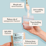 A hand pours Nutra Naturals Collagen Joints + Bones powder into water, with others holding the glass and container. Labels highlight bone health, joint mobility support, calcium content, and tissue repair benefits.
