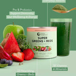 A container of Nutra Naturals Super Greens + Reds Watermelon Strawberry 300g sits beside a glass of vibrant green drink and fresh produce, with text showcasing its superfoods that support gut health and overall wellness.